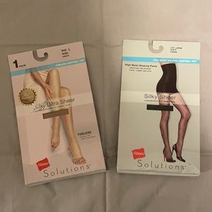 2 Size Large Panty Hose Hanes Solutions Silky Sheer Black and Toeless Nude